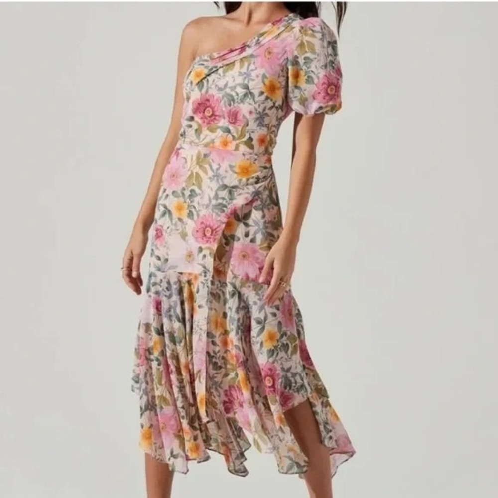 Astr Floral One-Shoulder Midi Dress in Pink, Yellow and Green